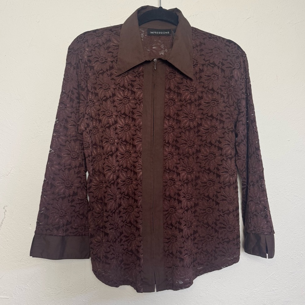 Impressions Vintage Floral Sheer Art Deco Collar Zip Ip Blouse Top